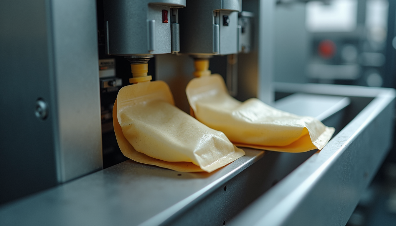 Close-up view of vertical FFS machine forming and sealing pouches